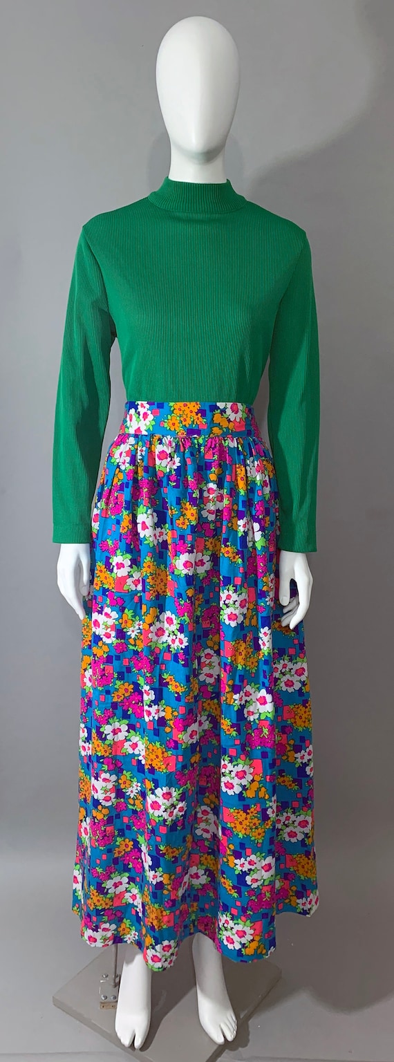 1960s Women's Bright Floral Multi Color Pleated Ma