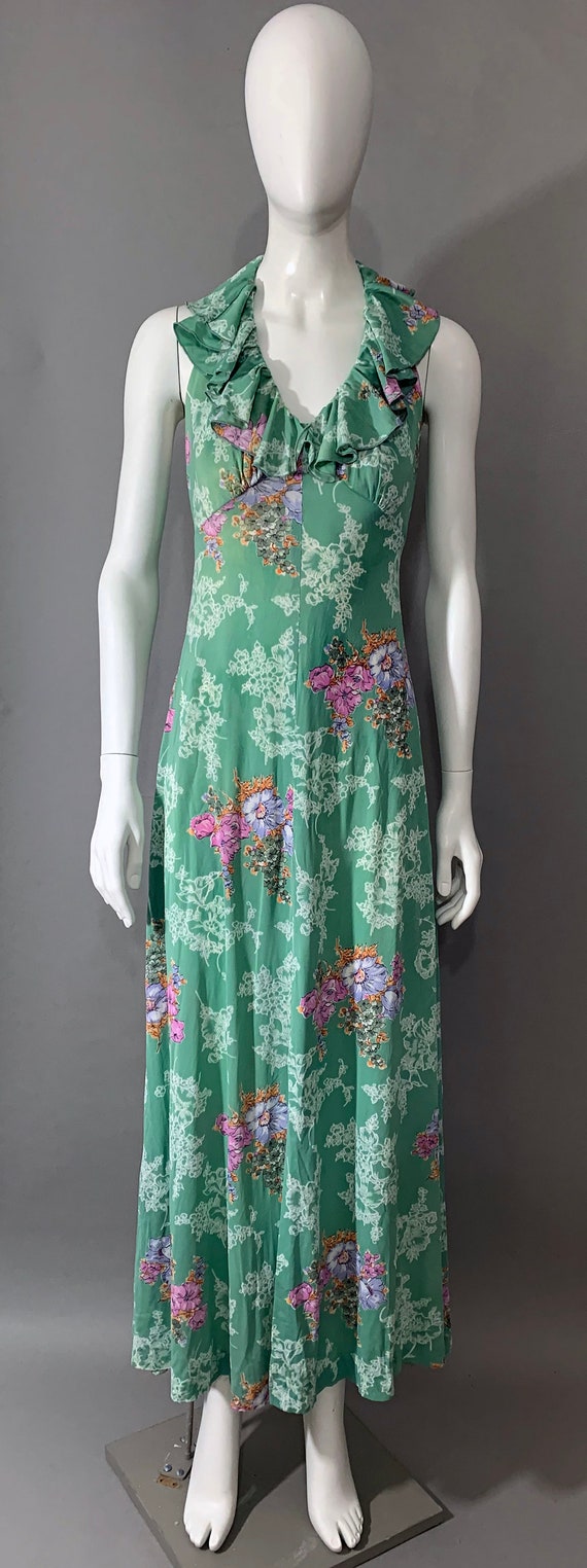 1970s Women's Floral Green Ruffle Halter Dress - image 1