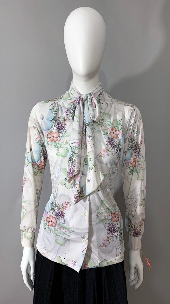 1970s Women's "Laura Mae" Floral Blouse with Jabot