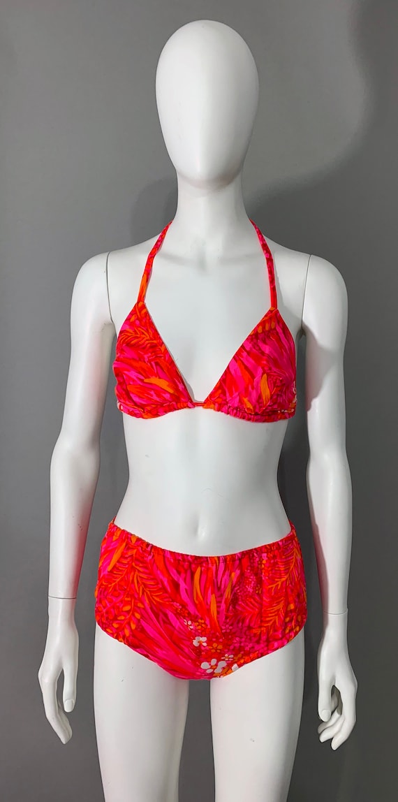 1960s Floral Orange & Pink Hawaii Bikini - image 1