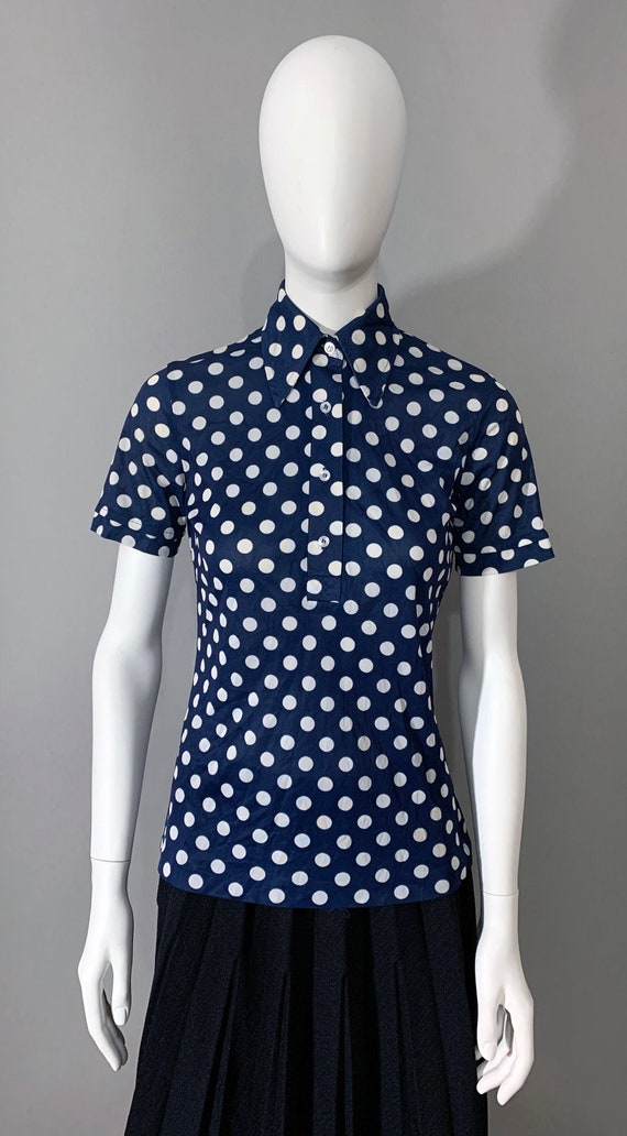 1970s Women's "KOLORTRON by Koret" Navy Polka Dot 