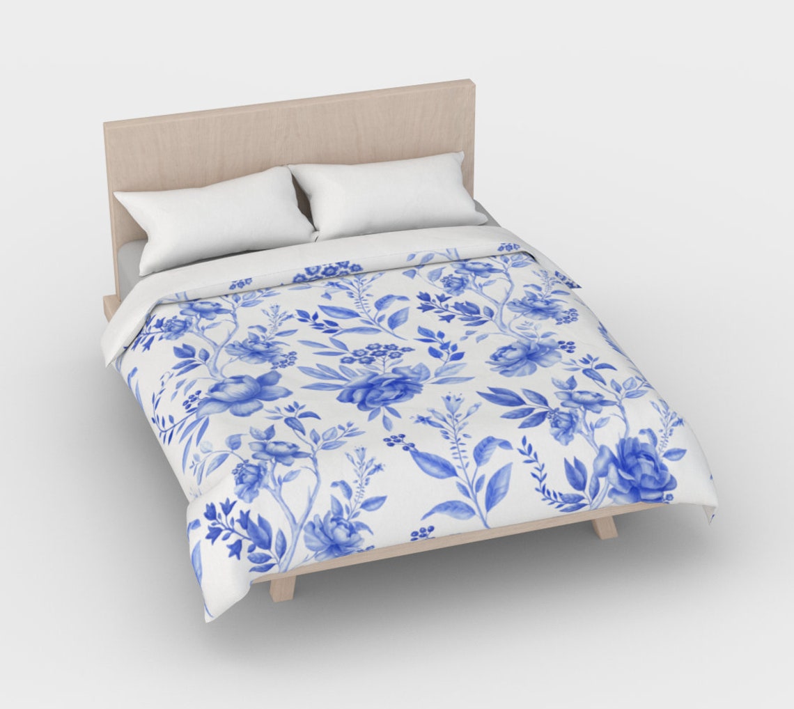 100 Cotton Duvet Cover Blue and White Floral Duvet Cover Etsy