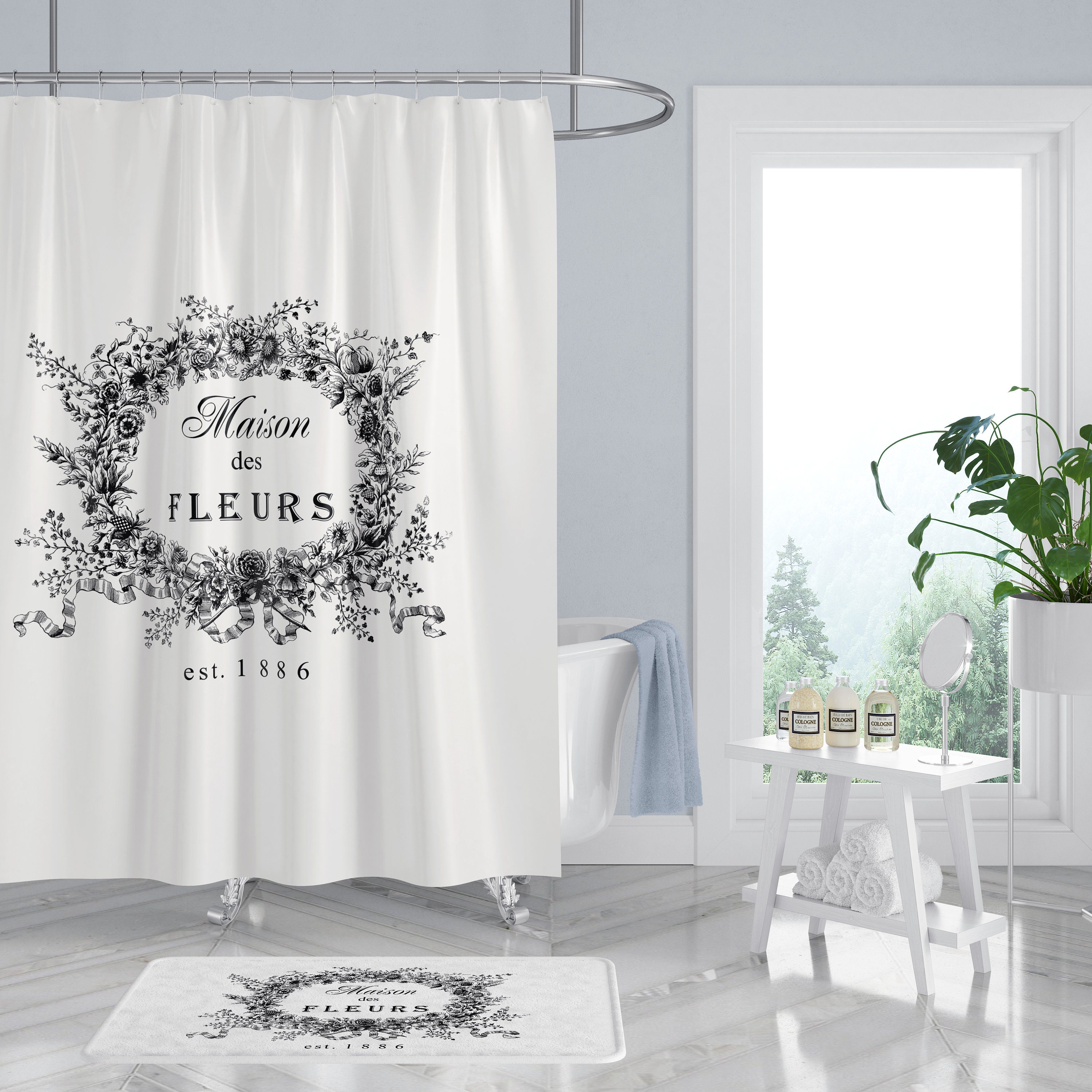 Shower Curtain French Spa Vintage Flowers White Shower Curtains