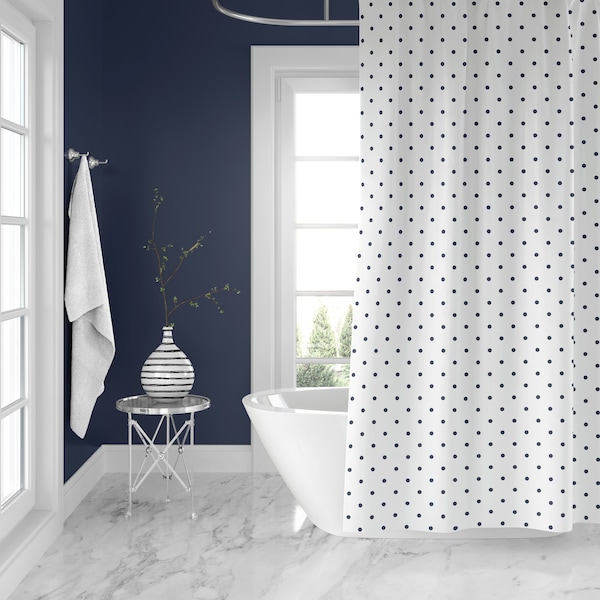 Rideaux de douche, Ferme de rideau de douche, Imprimé à pois bleu et blanc, Shabby Chic, imperméable et lavable en machine