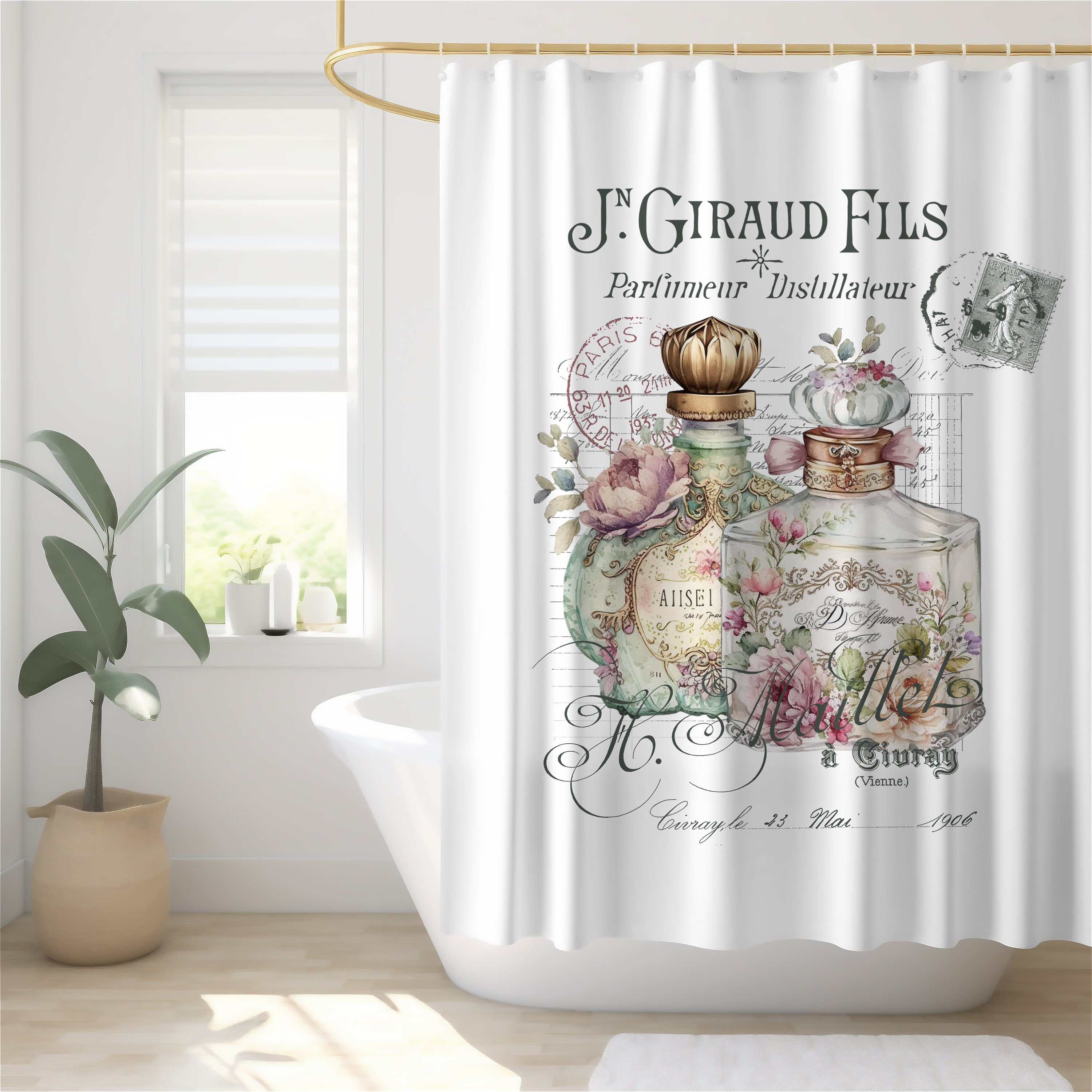 Französischer Duschvorhang, Boudoir Parfum Kunstwerk, Cottage, Boho, modernes Bauernhaus, Duschvorhang