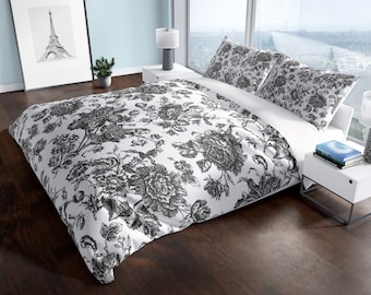 Funda nórdica estilo toile francés, estampado floral blanco y negro, ropa de cama de estilo rústico