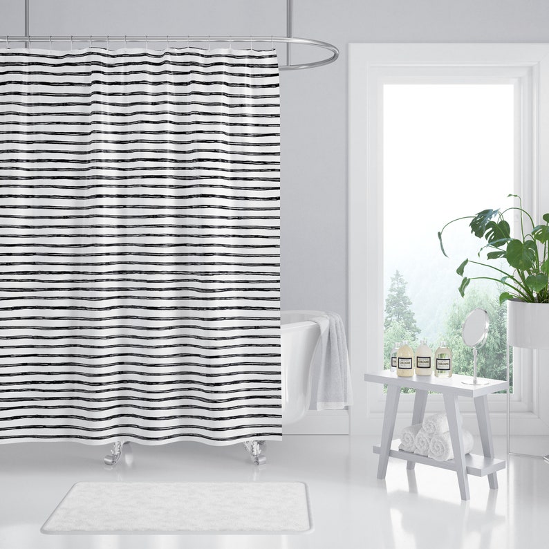 Shower Curtain Black and White Stripe Modern Farmhouse Etsy
