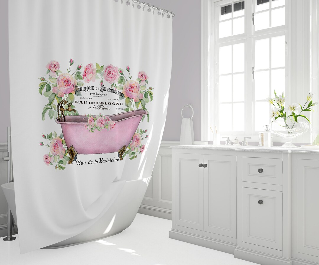 French Floral Shower Curtains, White Fabric Shabby Chic Shower Curtain