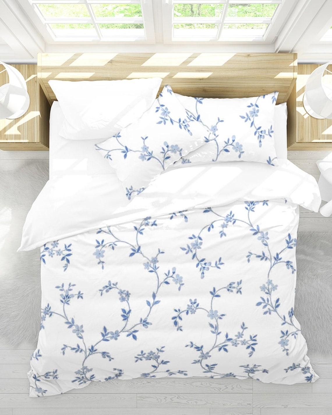 Designer Queen Duvet Cover Set Blue and White Springtime Etsy
