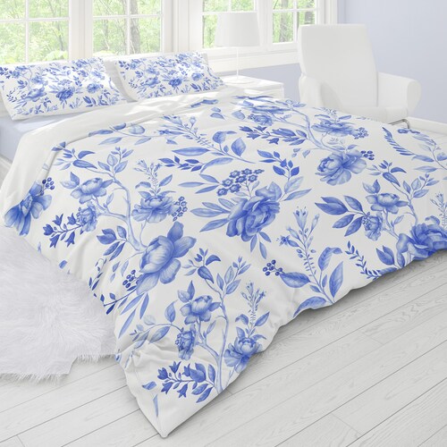 100 Cotton French Country Duvet Cover Blue White Floral Duvet Etsy