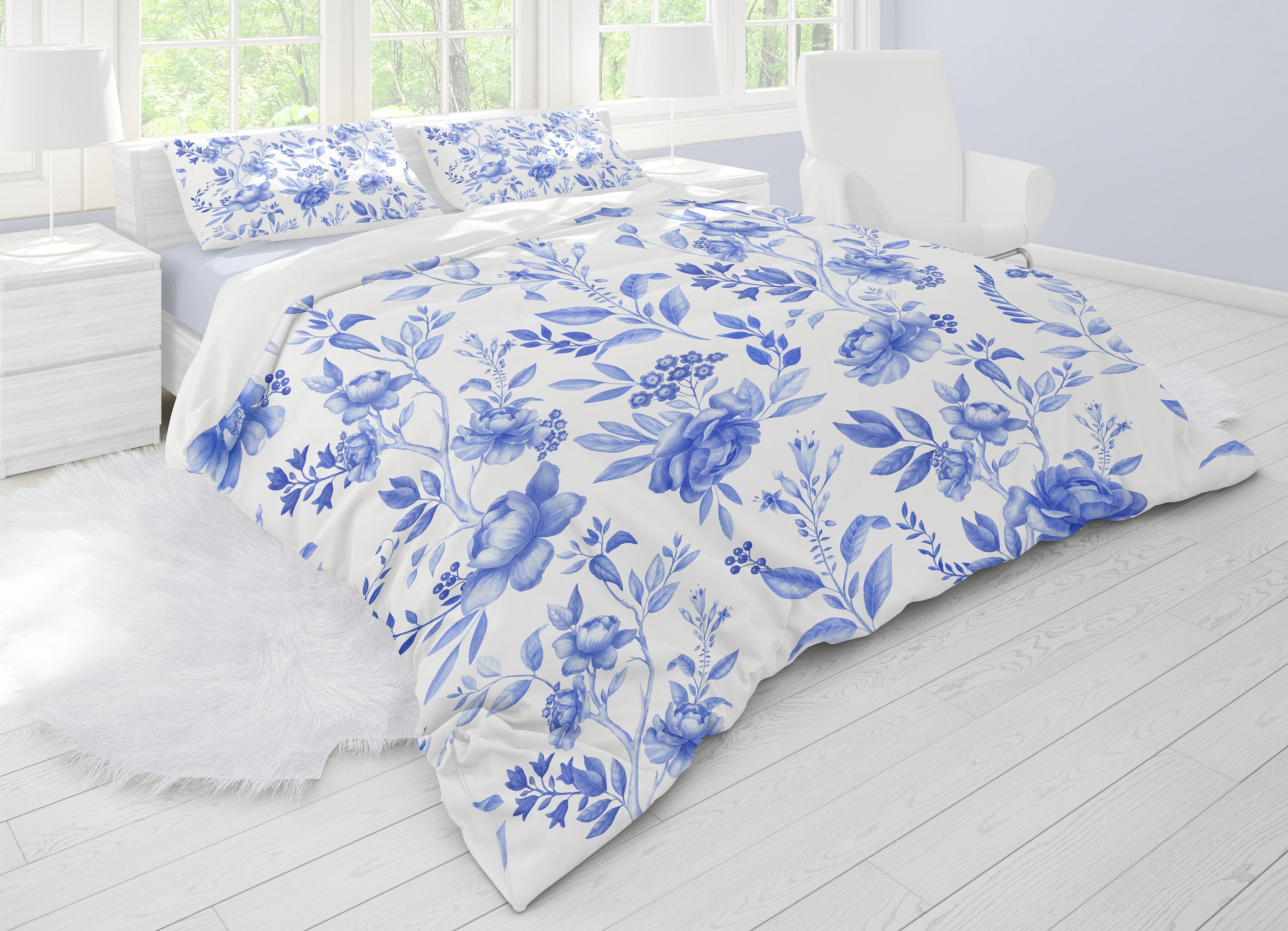 100 Cotton French Country Duvet Cover Blue White Floral Duvet Etsy
