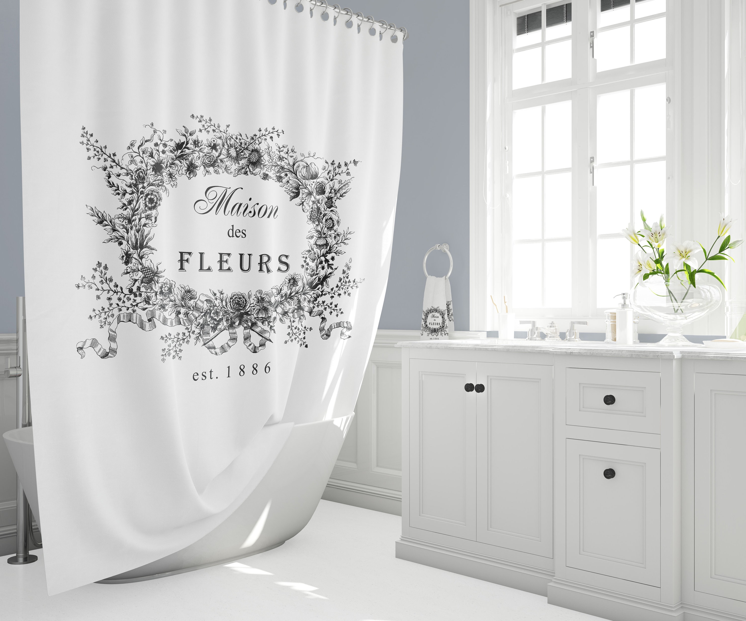 Shower Curtain French Spa Vintage Flowers White Shower Curtains