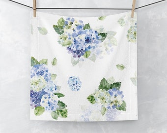 Shabby Chic Wash cloth |Face Towel, French Farmhouse Blue and White Floral, Hydrangeas Print