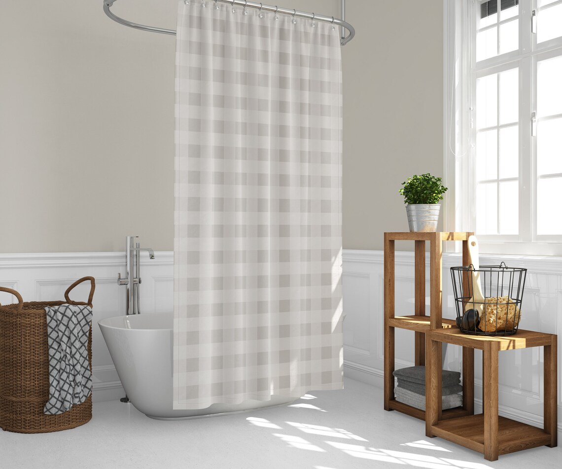 White and Tan Farmhouse Check Shower Curtain/ Buffalo Plaid/ Etsy