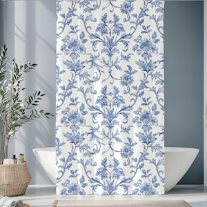Elegante Blumen Duschvorhänge, Vintage Französisch Toile Badezimmer Dekor, Blau und Weiß Ästhetik, Bauernhaus, Boho Chic, Französisch Land Badezimmer