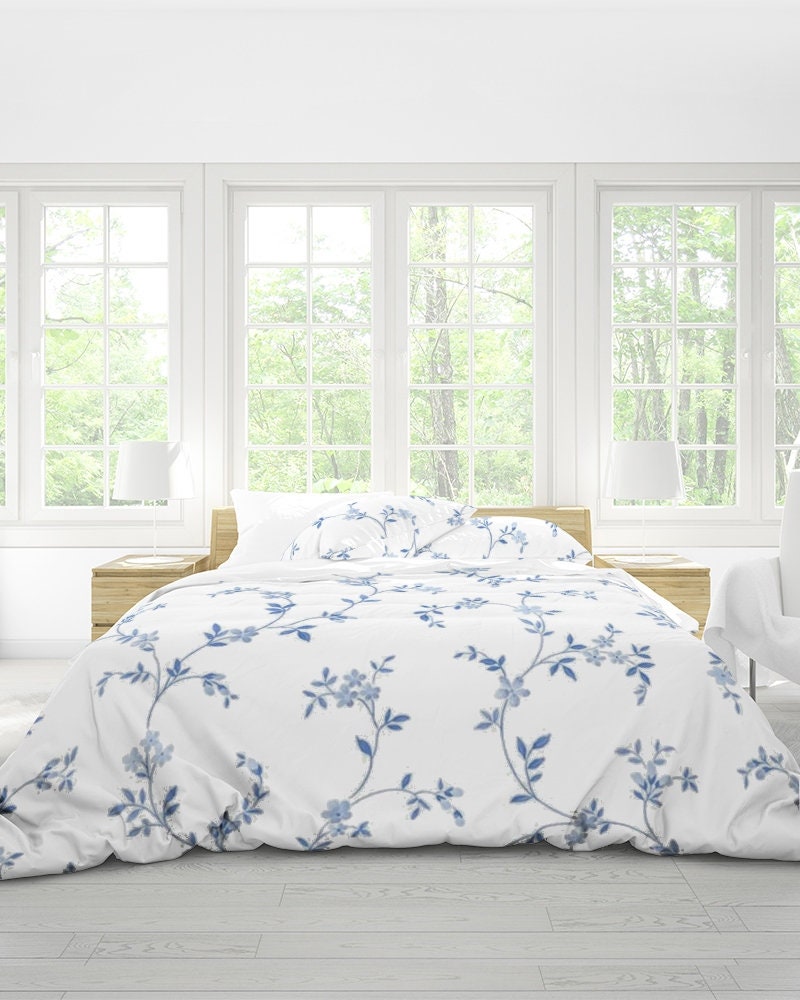 Designer Queen Duvet Cover Set Blue and White Springtime Etsy