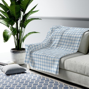 Modern Farmhouse Blue and White Gingham Check Cozy Velveteen Plush Blanket in 3 sizes