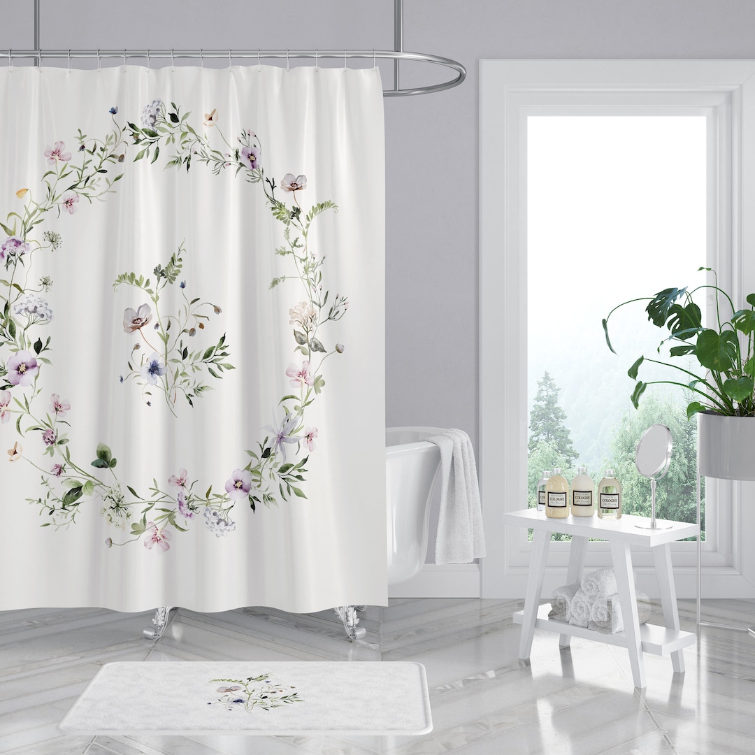 French Shower Curtains, Springtime Flowers White Fabric Shower Curtain