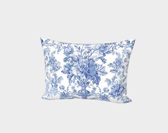 Fronhas com estampa floral azul toile, tamanho king ou padrão, 100% algodão cetim, estilo moderno campestre, azul e branco.