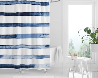Designer Print Blue and White Watercolor Stripe, Modern Farmhouse  Shower Curtain