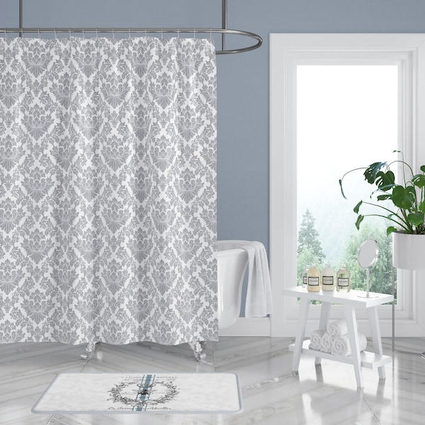 French Farmhouse Shower Curtains, Grey and White Damask Watercolor Artwork, French Country, Boho Home Decor, Bathroom Ideas