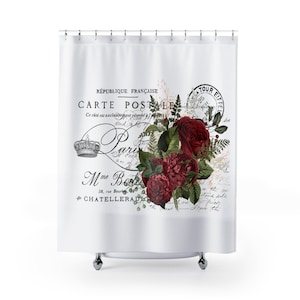 French Farmhouse Shower Curtains, Carte Postal with Red Rose Art, Shabby Chic Shower Curtain, Cottage Coastal, Boho Decor, Bathroom Ideas
