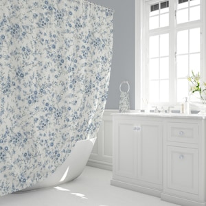 Shabby Chic Shower Curtains Tiny Ditsy Blue Farmhouse Shower Curtain Floral, French Cottage Flowers Watercolor Art, Water Resistant
