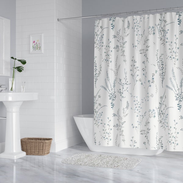 French Watercolor Shower Curtain, Soft Shades of Blue,  Grey, White Botanical Shower Curtains, Farmhouse Shower Curtain