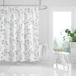 Shower Curtains Flowers, Blue and White Shower Curtain, Fabric Shower Curtain, Machine Washable