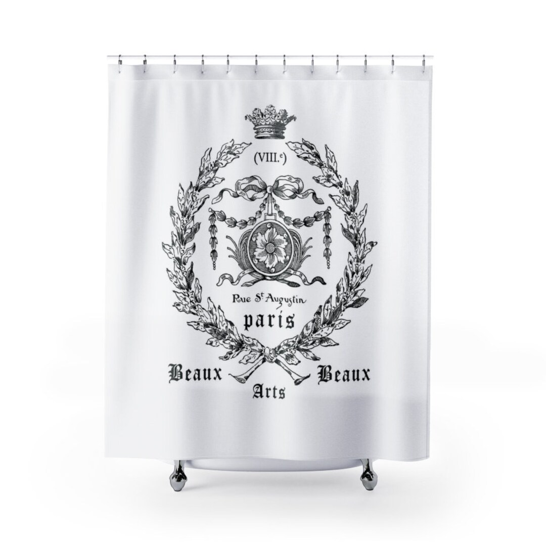 Parisian Vintage Shower Curtains, French Art Design, White Shower Curtains Farmhouse, Fabric