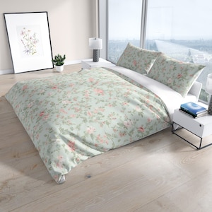 French Floral Duvet Cover Queen, King, Full, Twin Cotton Sateen, Green, Peach, Pink and White