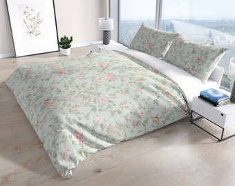 French Floral Duvet Cover Queen, King, Full, Twin Cotton Sateen, Green, Peach, Pink and White