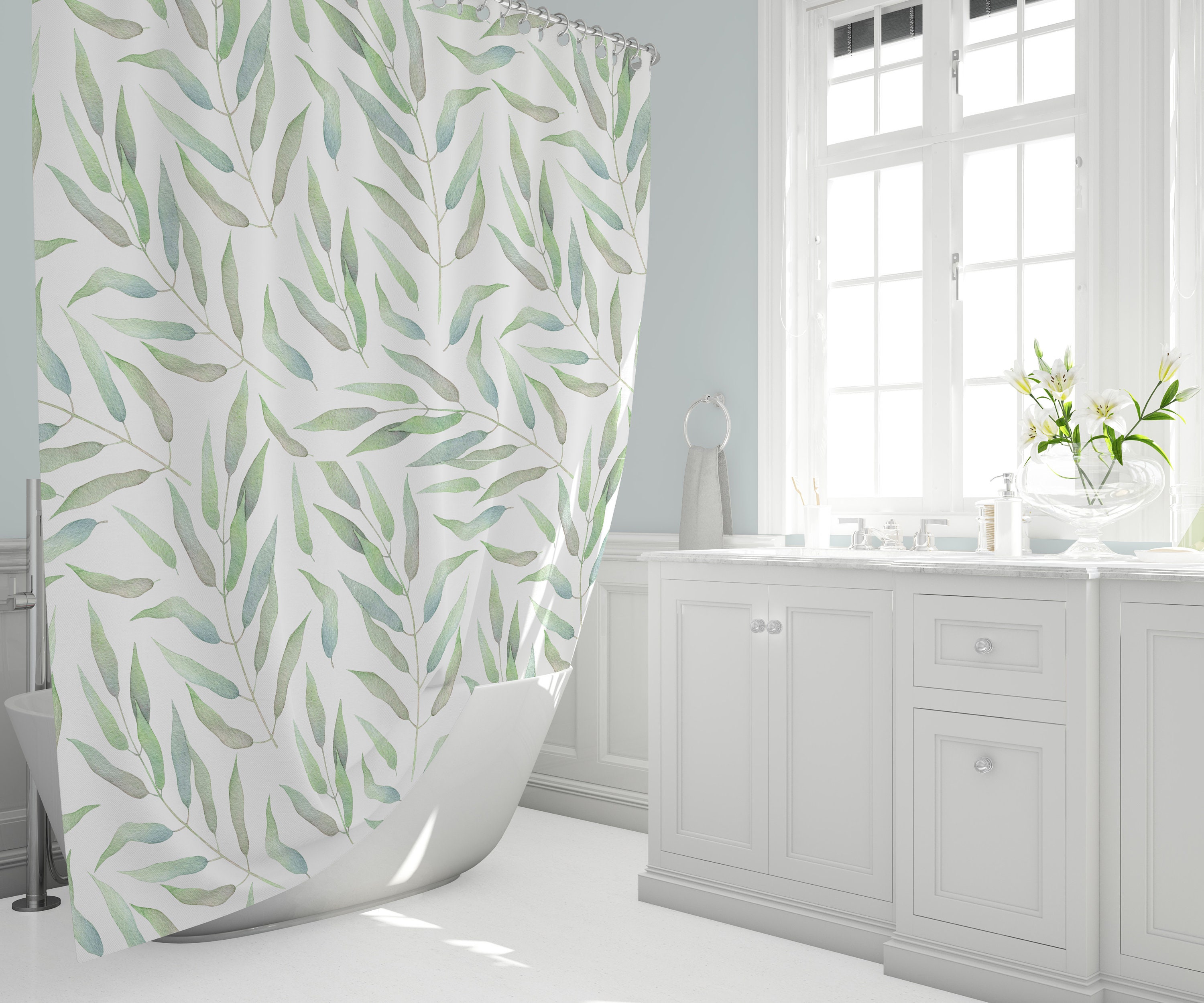 White/Green Shower Curtain White Botanical Modern Contemporary Cotton Blend