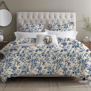 Vintage Blue and Cream Floral Duvet Cover Toile de Jouy, Duvet King, Queen, Full and Twin
