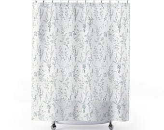 French Watercolor Shower Curtain, Soft Shades of Green, Grey, Whtie Botanical Shower Curtains, Farmhouse Shower Curtain, Machine Washable