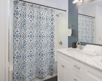 Blue and White Tile Shower Curtain: Boho Farmhouse Bathroom Decor