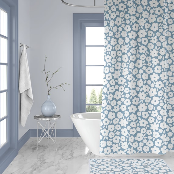 Cottage Shower Curtains Floral, Blue and White, Boho Decor, Farmhouse ,  Home and Living, Home Decor, Machine Washable 