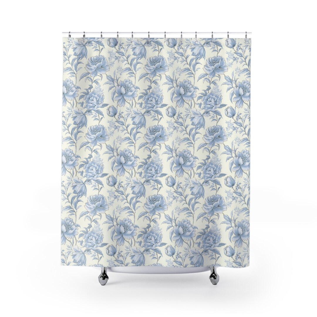 French Blue and Cream Shower Curtains, Modern Farmhouse Cottage, Boho