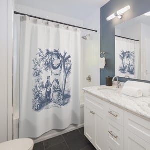 Eleganter Vintage Duschvorhang, französischer Toile, Blau auf Weiß, Natur, Badezimmer Ideen, Wohnkultur - Badezimmer Duschvorhang,