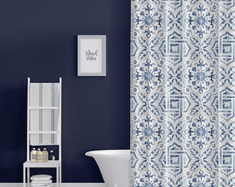 Boho Shower Curtains, Blue and White Tile Mosaic Print, Modern Farmhouse, Bathroom Ideas