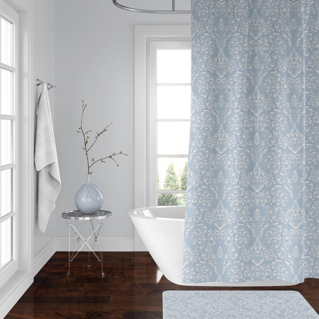 French Blue Shower Curtains Artist Watercolor Damask Print Etsy