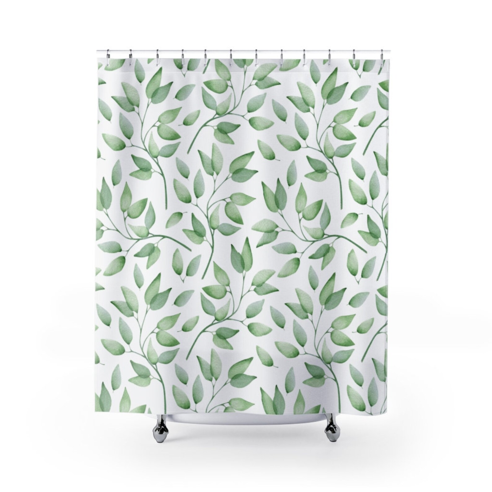 White Shower Curtain with Green Leaves Minimalist Shower Etsy