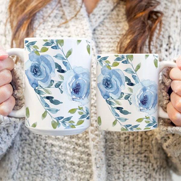 White Ceramic Mug, Blue Rose Buds, Coffee Cups, Flowers, Blue Coffee Mug, HomeDecor, Farmhouse Decor, Kitchen and Dining