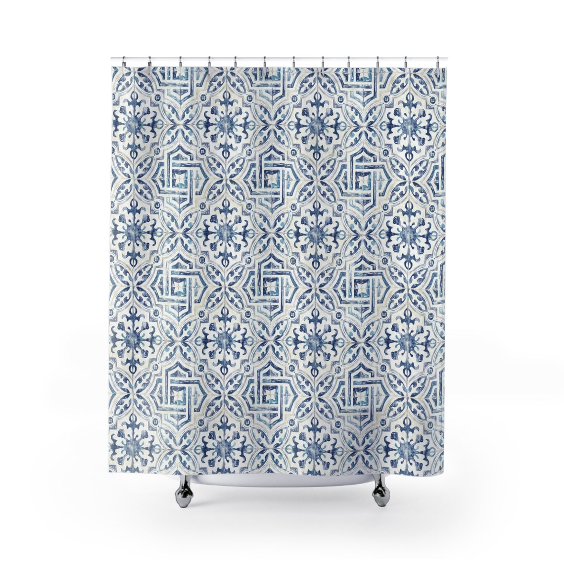 Boho Shower Curtains Blue and White Tile Mosaic Print Modern Etsy