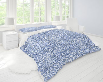 Queen Duvet Cover Blue and White Damask Art Print Duvet Cover King, Twin/ Full Duvet Covers,