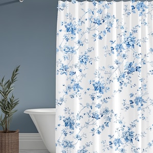 Floraler blauer Duschvorhang, Vintage-inspiriertes Badezimmer-Dekor, elegantes Blumendesign, Badezimmer-Upgrade, Geschenk für Hausbesitzer