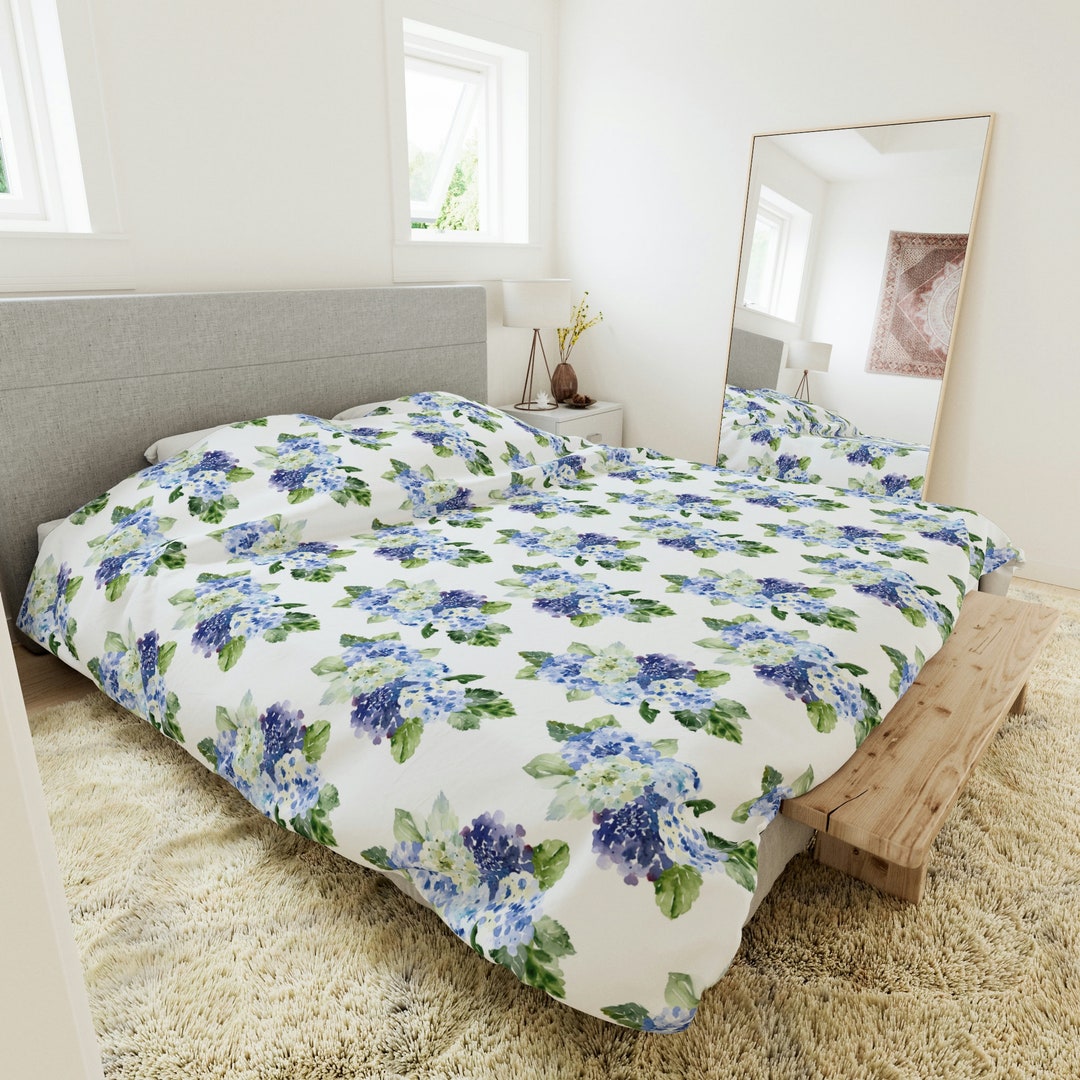 French Cottage Duvet Cover, Hydrangeas, Blue and White Botanical, Microfiber, King Duvet, Queen