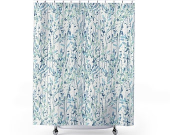 Boho Watercolor Shower Curtains Blue, Green and White Shower Curtain, Home Decor, Modern Fabric Shower Curtains