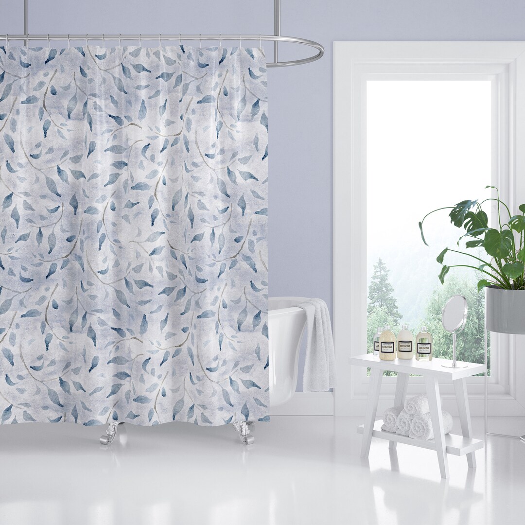 Blue and Grey Shower Curtain, Botanical Print ,modern Farmhouse Premium