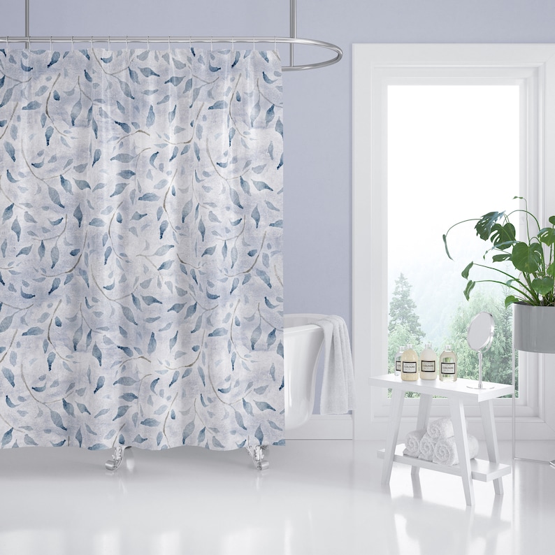 Blue and Grey Shower Curtain Botanical Print modern Etsy